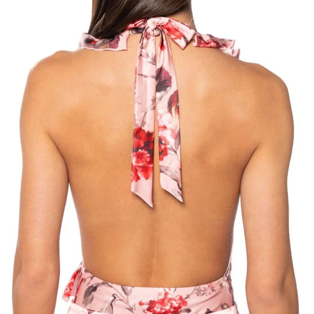 Blush Pink floral halter neck plunging ruffle bodysuit